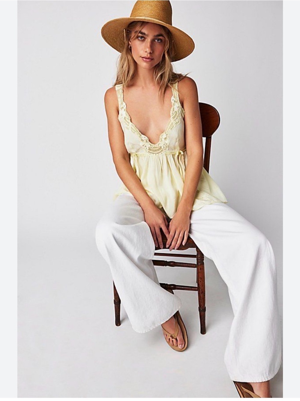 Free People Lizzy Lace Babydoll Tank - Champagne Dream Cream - Size Large - Picture 2 of 3